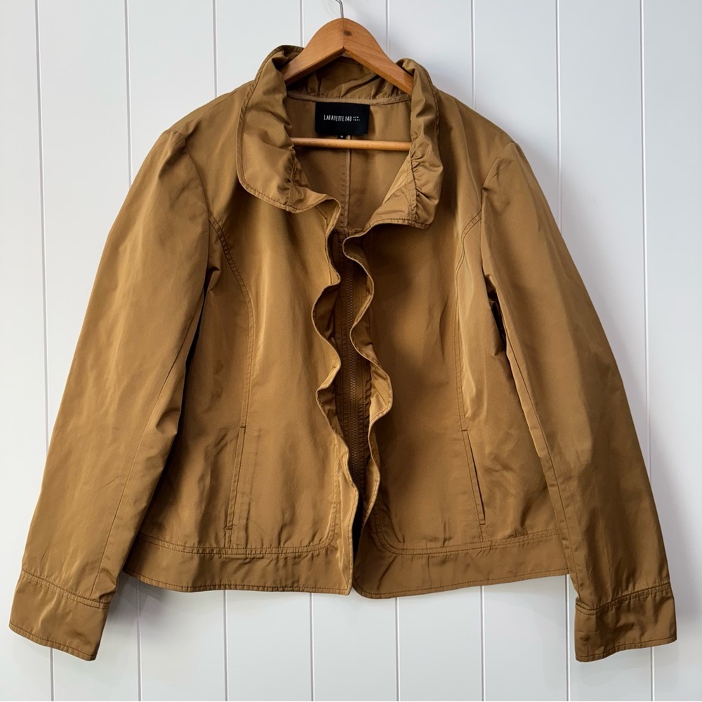 EUC Lafayette 148 New York Tan Ruffle Front Lightweight Jacket Women’s size 18
